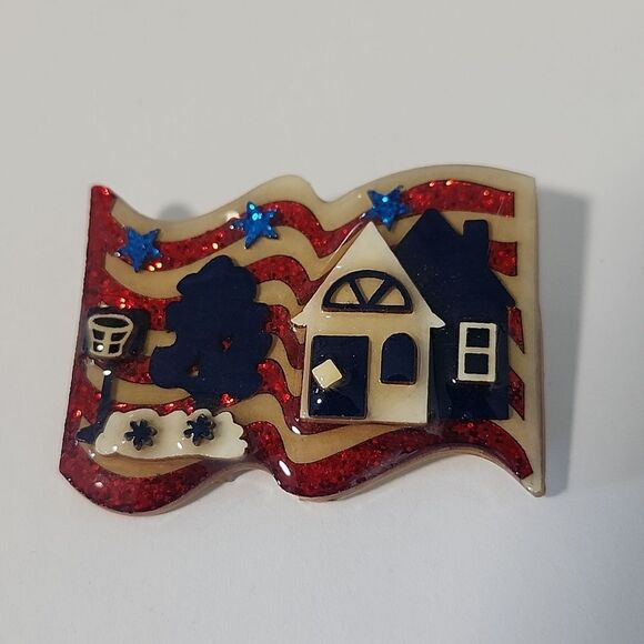 No Brand Jewelry - RARE House Pins By Lucinda Patriotic Flag Brooch with House Design